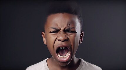 Angry irritated African American boy on a dark grey background. Full of rage. Emotional portrait of an upset preteen boy screaming in anger. Requirements for parents. Wrong perception. Hysterics.