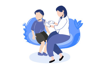 Flat illustration of a doctor giving injection into a kid