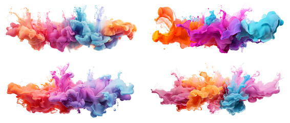 Set of abstract colorful splashes fluid shape watercolour ink, Creative bright colors explosion elements for design, isolated on white and transparent background