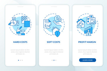 2D blue icons representing construction cost mobile app screen set. Walkthrough 3 steps monochromatic graphic instructions with thin line icons concept, UI, UX, GUI template.