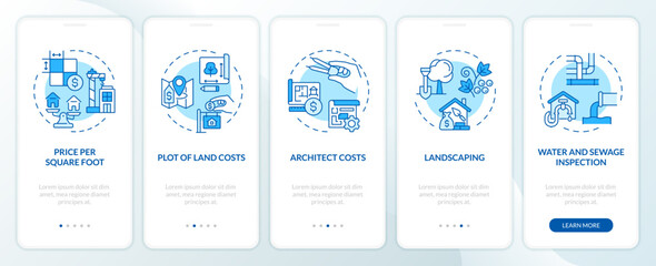 2D icons representing construction cost mobile app screen set. Walkthrough 5 steps blue graphic instructions with thin line icons concept, UI, UX, GUI template.