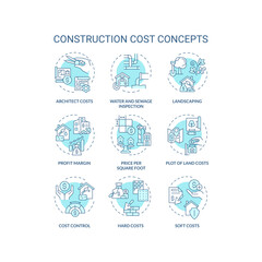 Set of 2D editable blue thin line icons representing construction cost, isolated vector, linear illustration.