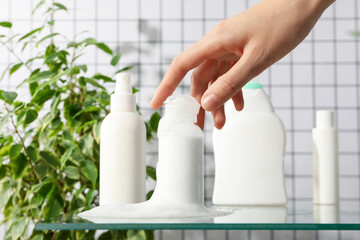 Hygiene products in the bathroom on a light background