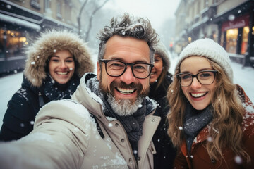 Selfie portrait of happy smiling satisfied people rejoicing wintertime outdoors - Powered by Adobe