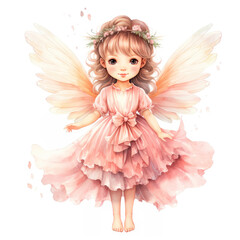Cute little fairy watercolor illustration. Pretty barefoot baby angel girl in pink dress with bow, wreath and wings for kids, greeting card, poster - obrazy, fototapety, plakaty