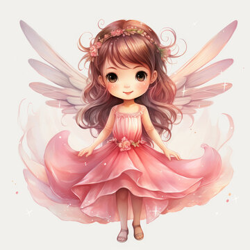 Little fairy in pink dress with wings. Cute baby girl high detailed painting. Happy smiling flying princess with big eyes and wreath, Girlish art