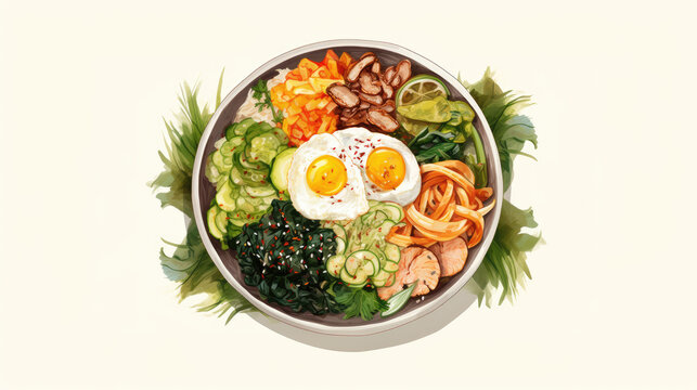 Traditional Korean food watercolor illustration. Delicious bibimbap in a big bowl. Asian cuisine with vegetables seaweed fried egg cucumber and meat