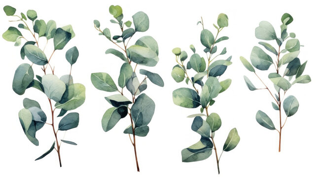 Eucalyptus watercolor set, Green plant collection isolated on white background.