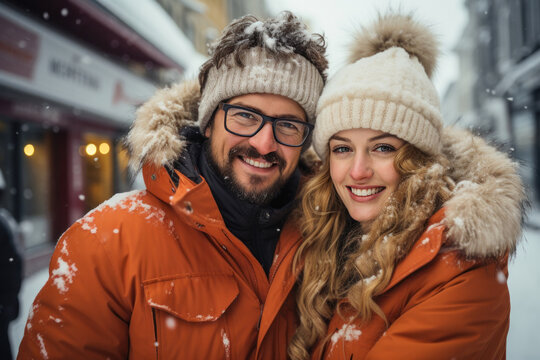 Portrait of a joyful happy lovers couple together outdoors and rejoicing wintertime