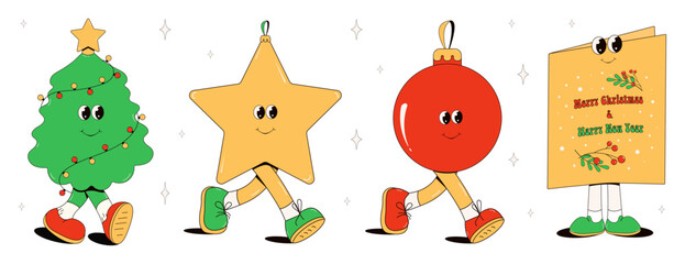 Hippie Groovy Christmas.Groovy Christmas Retro set.Funny retro christmas cartoon characters in groovy style.Christmas tree, ball, Merry Christmas card, Star in trendy retro cartoon style.