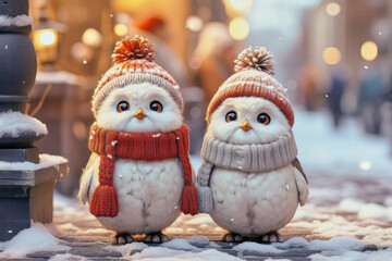 Holiday winter christmas card with cute funny couple of owls