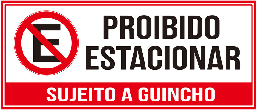 A sign in red and white that says in Portuguese language :  parking is prohibited. Subject to being towed