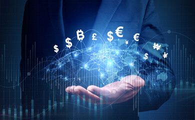 Financial Technology, internet payment, money exchange, digital banking concept. Businessman with...