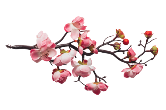 Branch with cherry pink flower isolated on white or transparent background.  