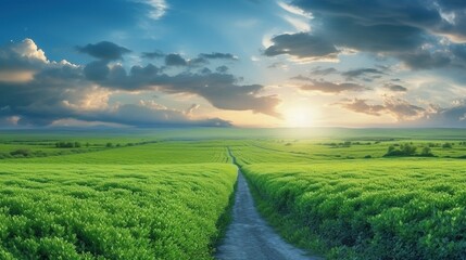A narrow road in the middle of grassy fields centered and disappearing to the horizon at sunrise