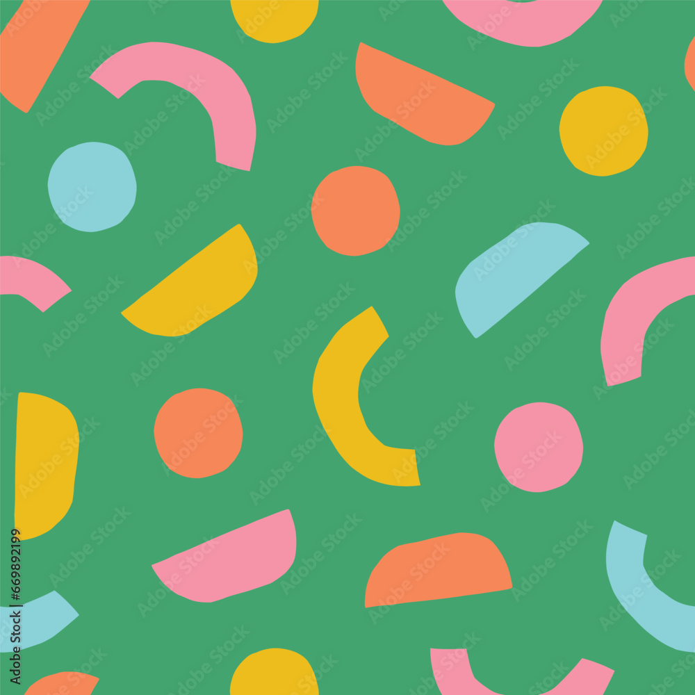 Wall mural simple and fun cut out shapes pattern. vector abstract seamless texture with colourful geometric fig
