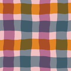 Creative Checkered vector texture with multicoloured horizontal and vertical lines. Modern seamless plaid pattern. Fun striped background