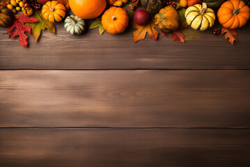 Obraz na płótnie Canvas Thanksgiving Autumn Decoration on Wood Background with Empty Space