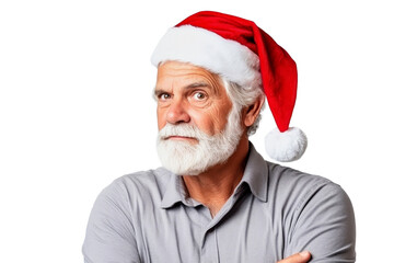 Fototapeta na wymiar Portrait of serious mature man wearing red santa hat on a transparent background