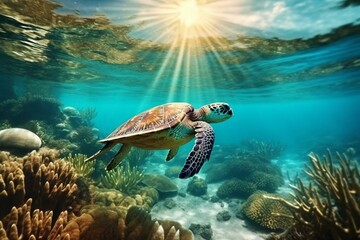 Highly detailed scene with a playful turtle swimming in a vivid ocean. Generative AI