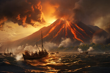 People on Boats Fleeing from Volcano Eruption - obrazy, fototapety, plakaty