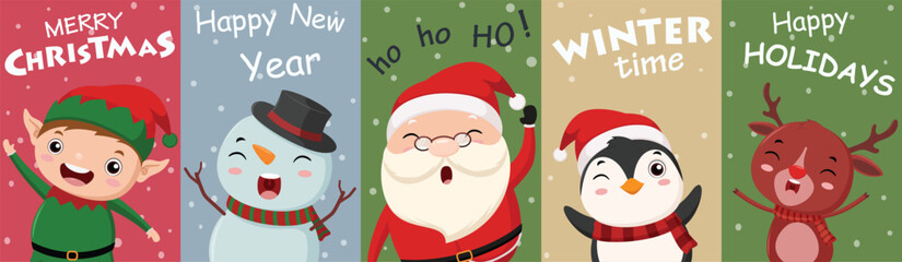 Merry Christmas and happy new year greeting card with cute Santa Claus, little elf, snowman, deer and penguin cartoon 