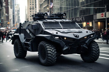 Armored Police Vehicle in Dystopian New York City Street