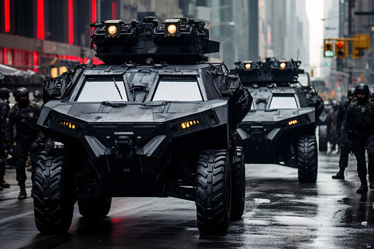 Armored Vehicles and Police in Riot Gear in Dystopian New York City Street