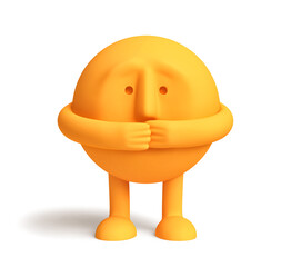 Orange cartoon character covering mouth by hands. Clipping path included