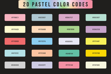 Isolated pastel color palette with color code on black background, 20 rgb pastel colors set vector