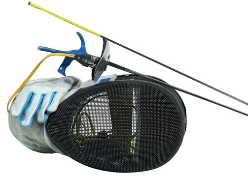 Foil fencing equipment. Fencing foils with pistol grip (sporting weapon - sword), a fencing mask and a blue and white glove. Isolated on transparent background, photography, png.