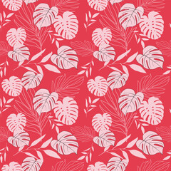 Modern seamless pattern of abstract palm and monstera leaves.