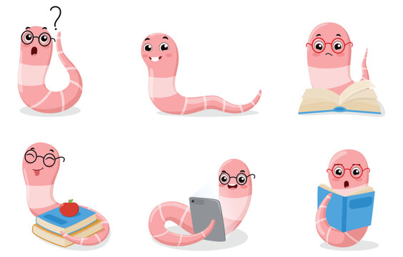Set of cute bookworm cartoon collection with different funny expression 