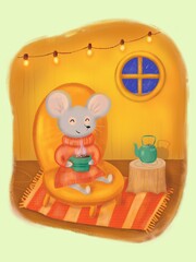 A cute mouse in her home sits on a chair with a cup in her hands, isolated on a white background, hand-drawn children's illustration.