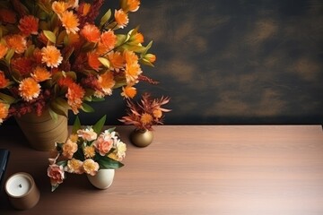 Topview office desk decorate autumn theme. Generative AI