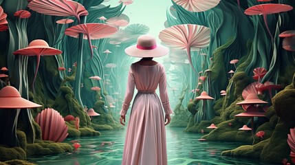 A youthful lady in a long dress and wearing a cap is standing with her back against the foundation of a green tropical wilderness, Sentimental young lady strolls around the grounds of a - obrazy, fototapety, plakaty