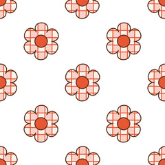 Seamless pattern with checkered flower daisy. Groovy floral background. Textile design in vintage style. Vector illustration.