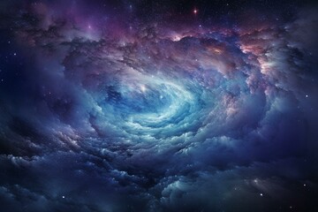 Fototapeta na wymiar A cosmic revelation: a profound space symphony of distant galaxies and luminous nebulae in vivid blue and purple tones. Generative AI