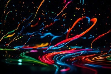 Colorful mix of neon paints swirling on black surface