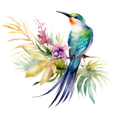 Watercolor bird of paradise. Generative AI, png image.