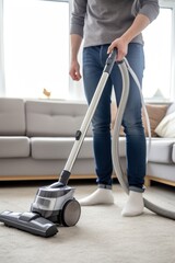 Man uses vacuum cleaner to keep living space tidy. Man using vacuum cleaner maintains clean cozy living environment