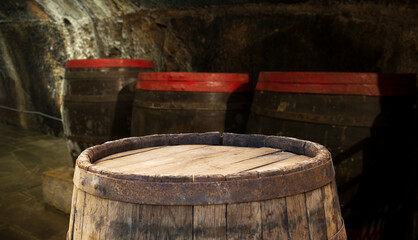 Rustic wooden barrel on a night background. High quality photo