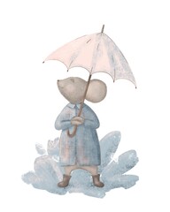 A cute mouse in a raincoat and boots stands with an umbrella in the middle of a puddle, isolated on a white background, hand-drawn children's illustration.
