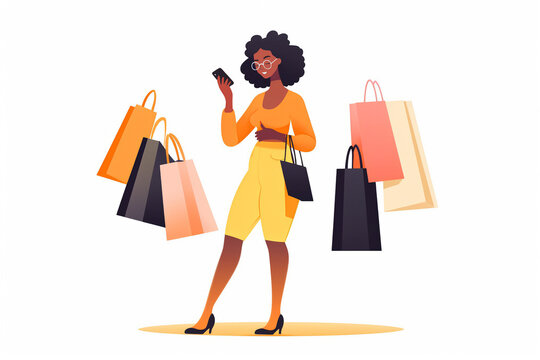 Online Shopping Concept Illustration for Website Banner, Advertisement and Marketing Material. Woman shoping bags. Can use for web banner, infographics, hero images. 