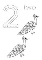 Flashcard number 2. Preschool worksheet. Cute cartoon peafowl.