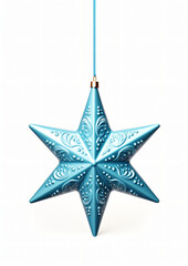 A Blue Christmas Star hanging on a white background