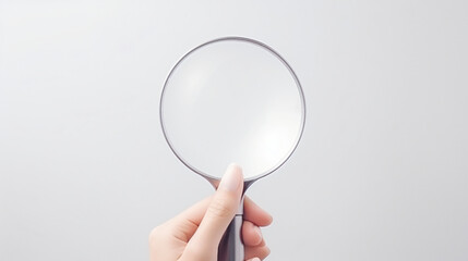 A female hand holding a magnifying glass isolated on white background
