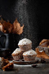 Homemade cinnamon muffins with streusel sprinkled with powdered sugar on black background. Table with autumn leaves vase. Seasonal fall bakery.