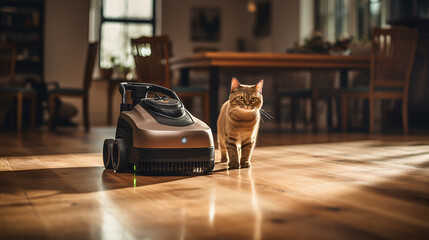 A floor cleaning machine is working in a living room