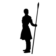 Silhouette of a female fighter in action pose with spear weapon.